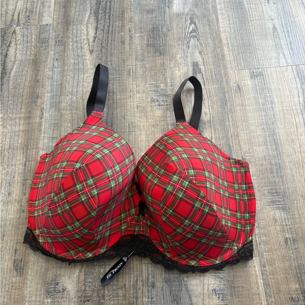 Red Plaid Bra with Black Lace Adore Me Brand